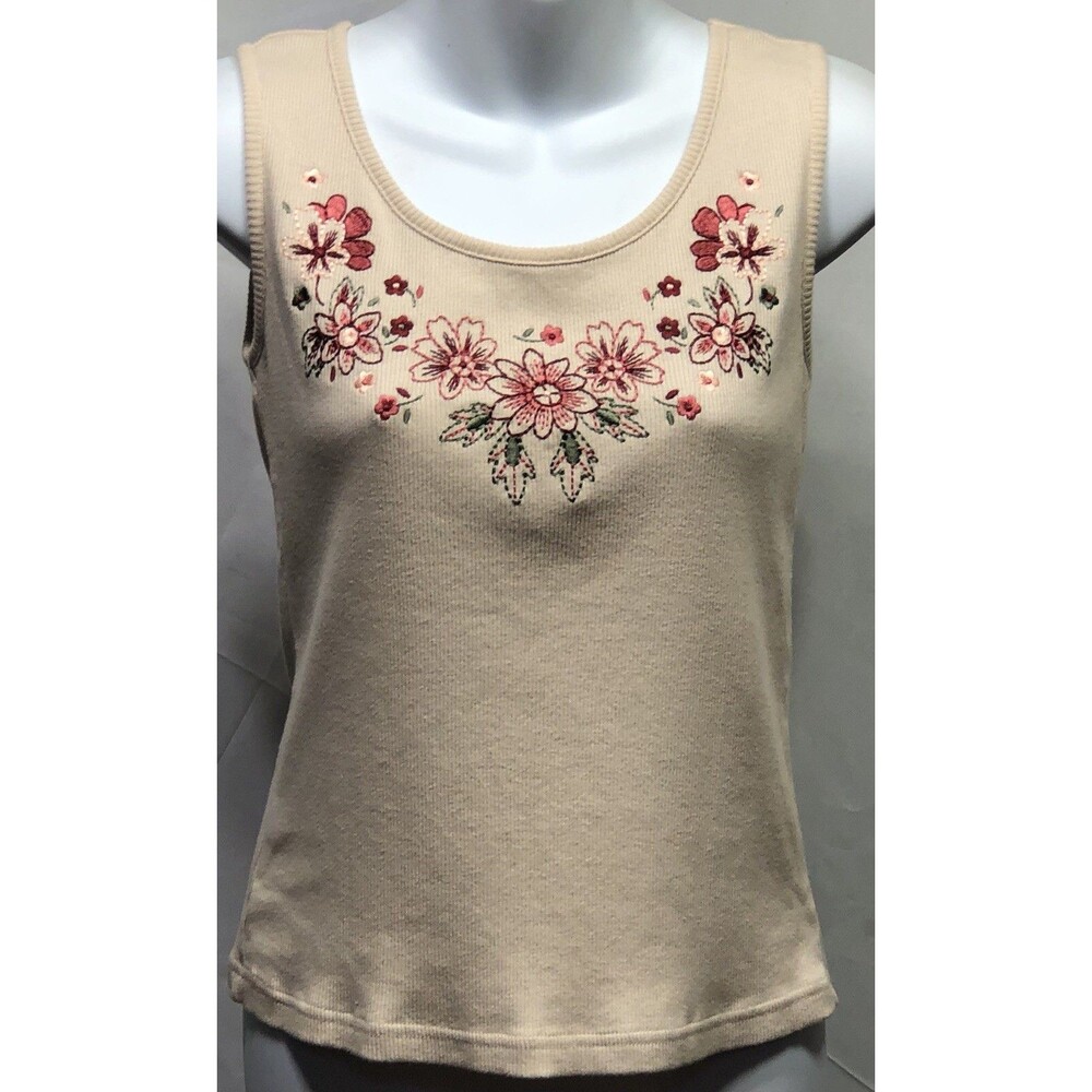 Karen Scott Sleeveless Ribbed Tank Top Sweater PS Beige Floral Embroidered Boho